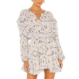 Free People Cream/Blue Romantic Floral Mini Shirt dress Ruffle Cottage Boho M